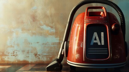 Vintage Red Vacuum Cleaner With AI Label Standing in a Sunlit Room