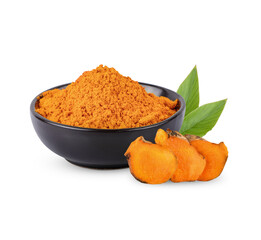 Fresh turmeric with leaves isolated on white background