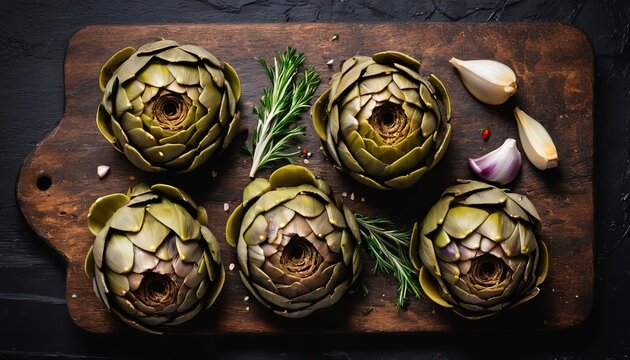 Artichokes hearts marinated with olive oil and herbs, pickled artichoke with garlic on wooden board