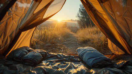 View from inside a tent at sunrise - obrazy, fototapety, plakaty