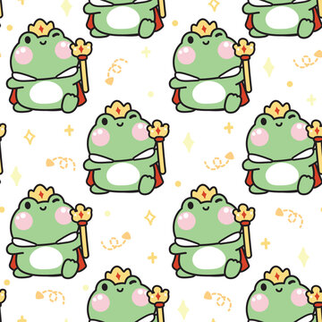 Seamless pattern of cute king frog wear crown on white background.Reptile animal character cartoon design.Smile face.Image for card,poster,baby clothing.Kawaii.Vector.Illustration. 
