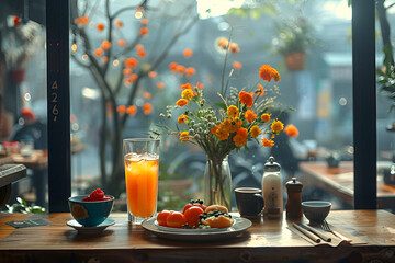Morning breakfast with juice, fresh berries and flowers