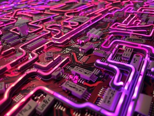 Neon lit microchip circuits on a PCB vibrant technology patterns for dynamic backgrounds - obrazy, fototapety, plakaty