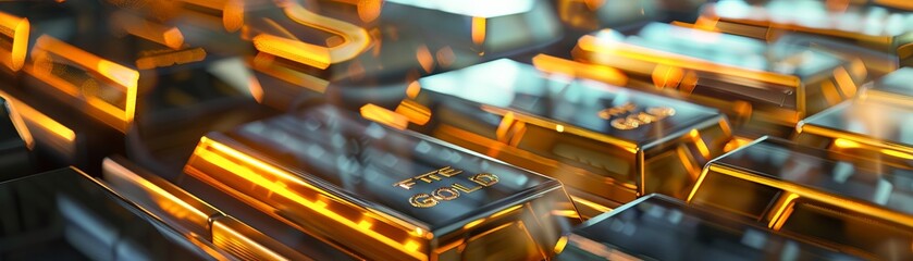 Ai generated of Gold bars Gold ingot, bullion gold, bank vault, stacked image. close up many pure gold bar ingot put on the black color with bokeh surface. many pile of gold bars in golden background.