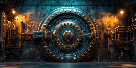 Futuristic technology concept: a metal door with complex gears, combining industrial and steampunk aesthetics. - obrazy, fototapety, plakaty