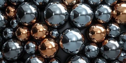 Close-up of shiny textured balls with bright decoration reflecting light on a dark background.