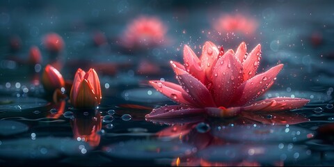 Pink lotus flowers adorn the tranquil surface of the garden pond, symbolizing natural beauty.