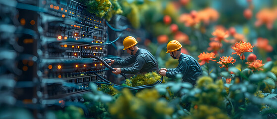miniature workers in helmets diligently working on a coiled cable amidst scattered debris.
 - obrazy, fototapety, plakaty