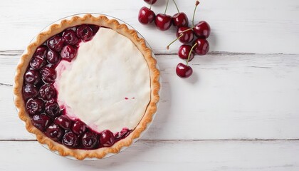 Cherry pie on a white wooden background with place for text. Tart with a cherry. View from above - obrazy, fototapety, plakaty