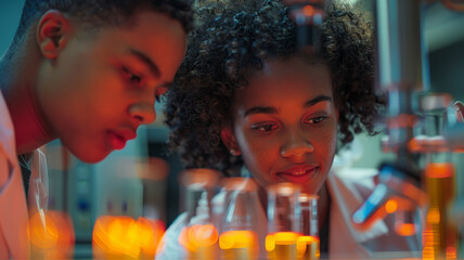 Two teens working in a science lab.