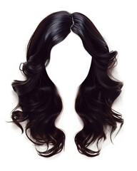 A glossy, voluminous, and wavy dark hairstyle wig, A long black wig with sleek, flowing hair displayed against a clean white backdrop