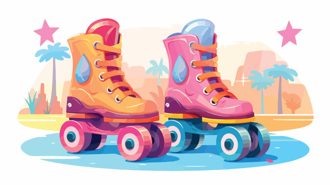 A pair of roller skates with colorful wheels poised