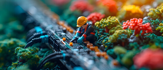 miniature workers in helmets diligently working on a coiled cable amidst scattered debris.
