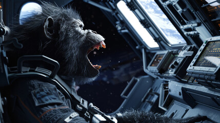 An expressive chimpanzee astronaut lets out a roar while operating the controls in the cockpit of a space shuttle, surrounded by the vastness of space.