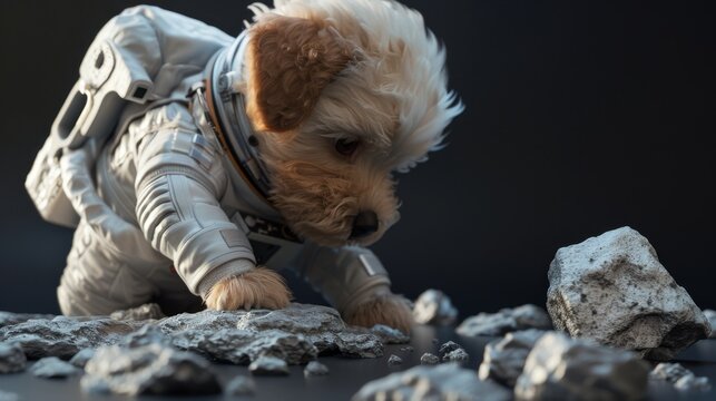 An attentive Labradoodle in a space suit closely inspects the rocky terrain of a simulated lunar surface. - Powered by Adobe