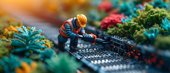 miniature workers in helmets diligently working on a coiled cable amidst scattered debris.
 - obrazy, fototapety, plakaty