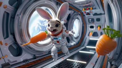 An animated rabbit astronaut looks thrilled while catching carrots in the zero-gravity environment of a spacecraft orbiting Earth.