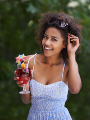 African, woman and cocktail portrait on holiday, happy smile for vacation or resort. Summer, drink...
