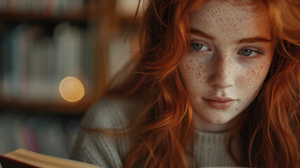 Young redhead woman reading a book.
