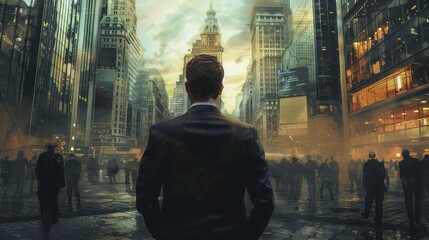 A businessman in a suit looking contemplative while standing in a city square, surrounded by tall buildings and bustling crowds.
