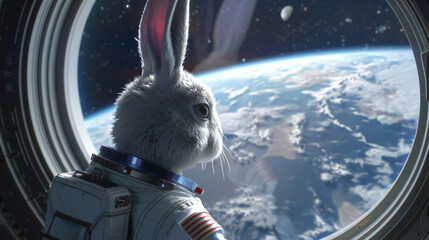 A pensive animated rabbit astronaut peers out of a spaceship window, observing Earth from orbit.