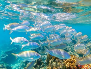 Fototapeta na wymiar A vibrant underwater scene of a school of fish swimming above a coral reef, showcasing marine life diversity.