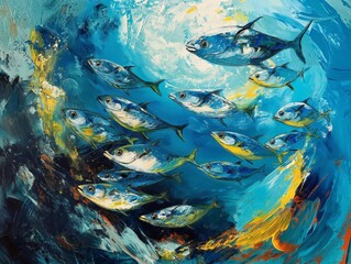 Fototapeta na wymiar Colorful abstract painting of a school of fish swimming in vibrant oceanic currents.
