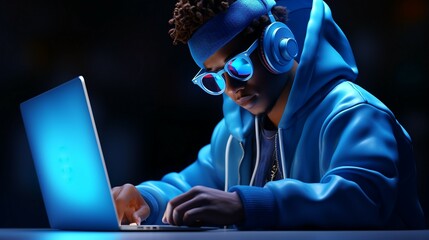 A man wearing headphones concentrating on his laptop screen, typing and listening. - obrazy, fototapety, plakaty