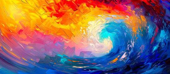 Colorful ocean wave sunset abstract background. Oil painting with bold brushstrokes and vivid blue, red, orange, pink colors. Tropical travel vacation ocean seascape.