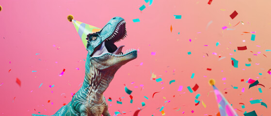 Naklejka premium A dinosaur in a party hat roars among colorful confetti, encapsulating surreal celebration.