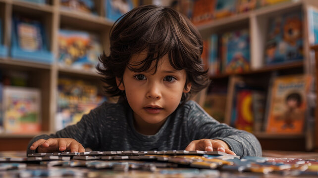 Young boy in library with books