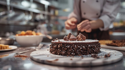 Chef decorating a chocolate cake
