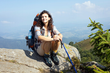 girl tourist on the background of a mountain landscape - 756426783