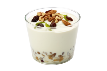 Yogurt mixed with cereal Beans and greens, served in glasses, isolated on transparent background.