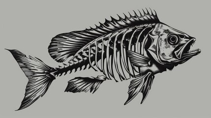 Drawing of a fish skeleton on a gray background. Fish skeleton. Fish bones