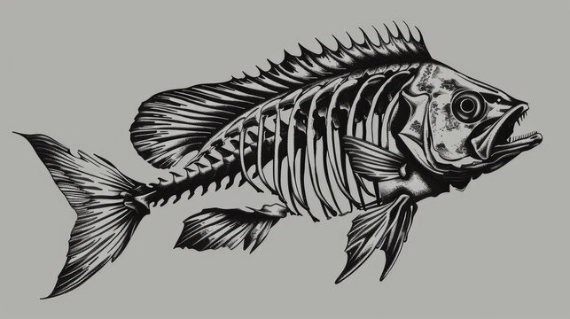 Drawing of a fish skeleton on a gray background. Fish skeleton. Fish bones