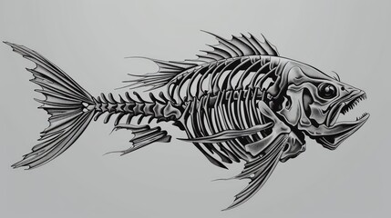 Drawing of a fish skeleton on a gray background. Fish skeleton. Fish bones