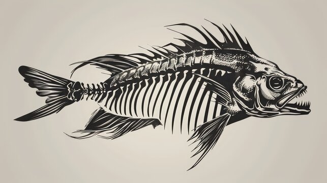 Drawing of a fish skeleton on a gray background. Fish skeleton. Fish bones