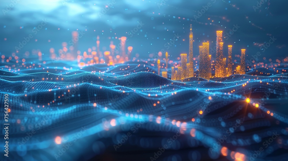Aufkleber Low poly wireframe of an abstract city on a dark background. Concept of a smart city and binary code. Particles are connected in a geometric silhouette.