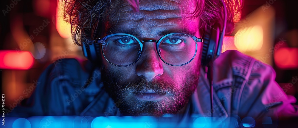 Poster Computer hacker or computer video games gamer or programmer using headset and glasses at laptop in a darkened room. Computer entertainment.