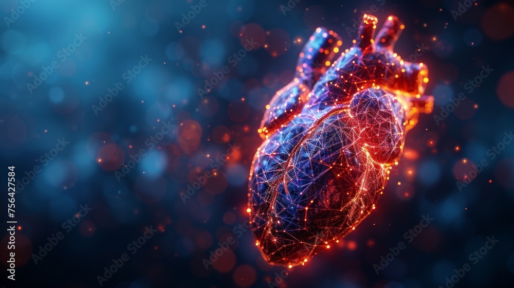 Poster a low poly wireframe heart. technology and innovation in medicine. an abstract illustration isolated