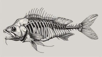 Drawing of a fish skeleton on a gray background. Fish skeleton. Fish bones