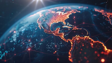 Concept of global network and connectivity on Earth, centered on USA. Data transfer and cyber technology, information exchange and international telecommunication.	