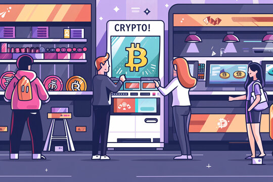 Individuals engaging with cryptocurrency ATMs in a bright store