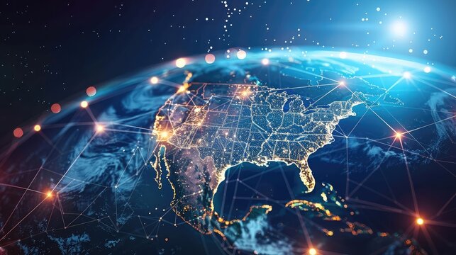 Concept of global network and connectivity on Earth, centered on USA. Data transfer and cyber technology, information exchange and international telecommunication.	