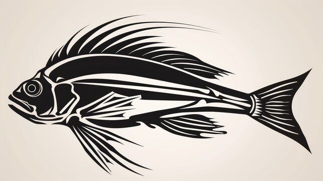 Drawing of a fish skeleton on a gray background. Fish skeleton. Fish bones