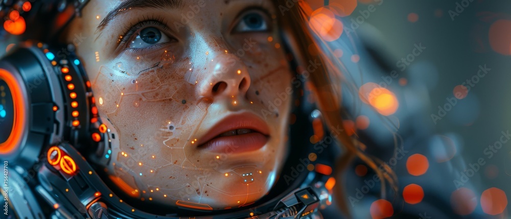 Aufkleber in this image, a robot woman or female cyborg is working in virtual reality cyberspace. her eyes are