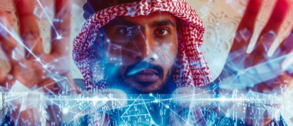 Aufkleber An Arab uses holograms as his user interface, with a futuristic graphic user interface and head-up display, also known as a head-up display or HUD. Internet of Things.