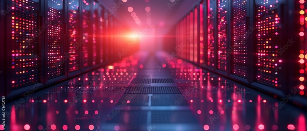 Poster Server room with computers of cloud storage. Data center with dark environment with light signals. Conceptual tech background for hosting service.