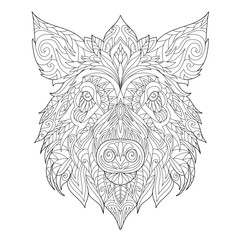 A Boar head, pig portrait. Detailed coloring page for adults. Zen antistress. Line art